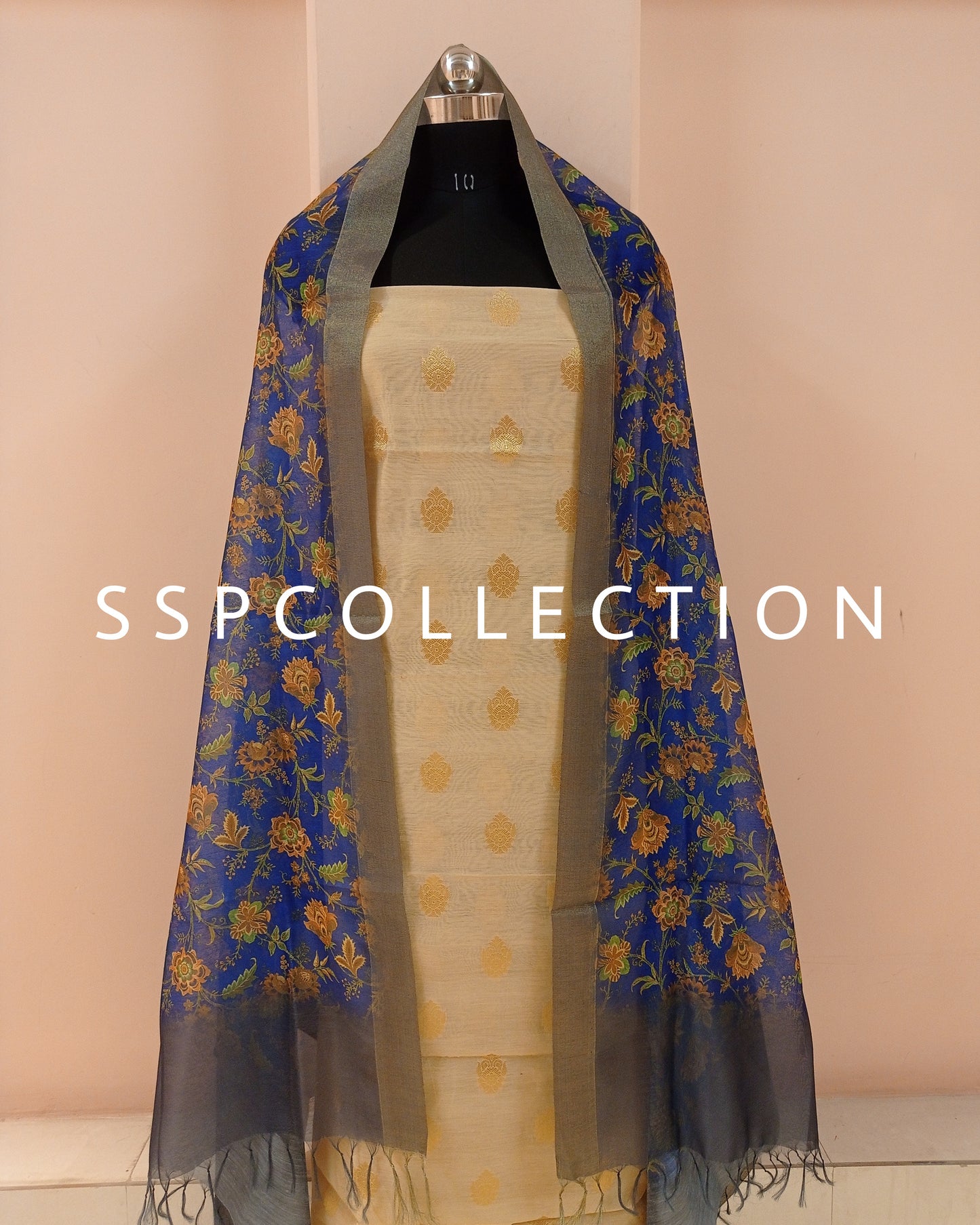 Beige Banarasi Cotton Chanderi Kurta With Blue Organza Dupatta