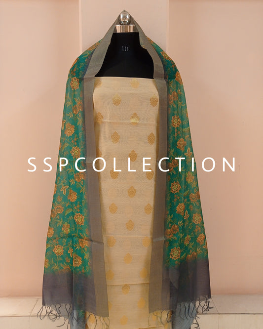 Beige Banarasi Cotton Chanderi Kurta With Green Organza Dupatta