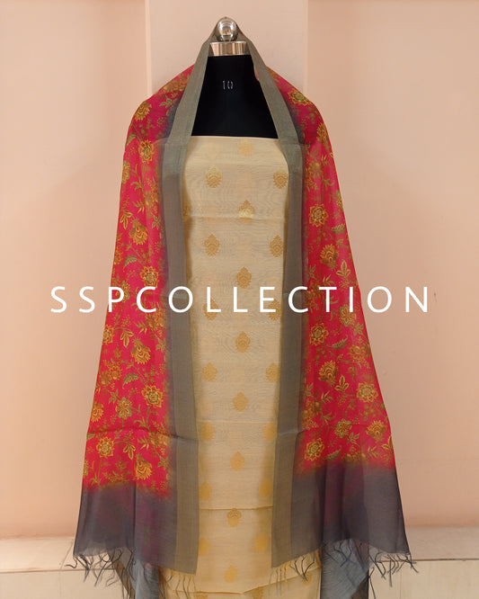 Beige Banarasi Cotton Chanderi Kurta With Strawberry Organza Dupatta