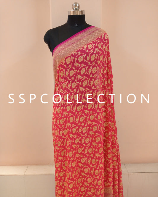 Strawberry & Pink Banarasi Pure Georgette Saree