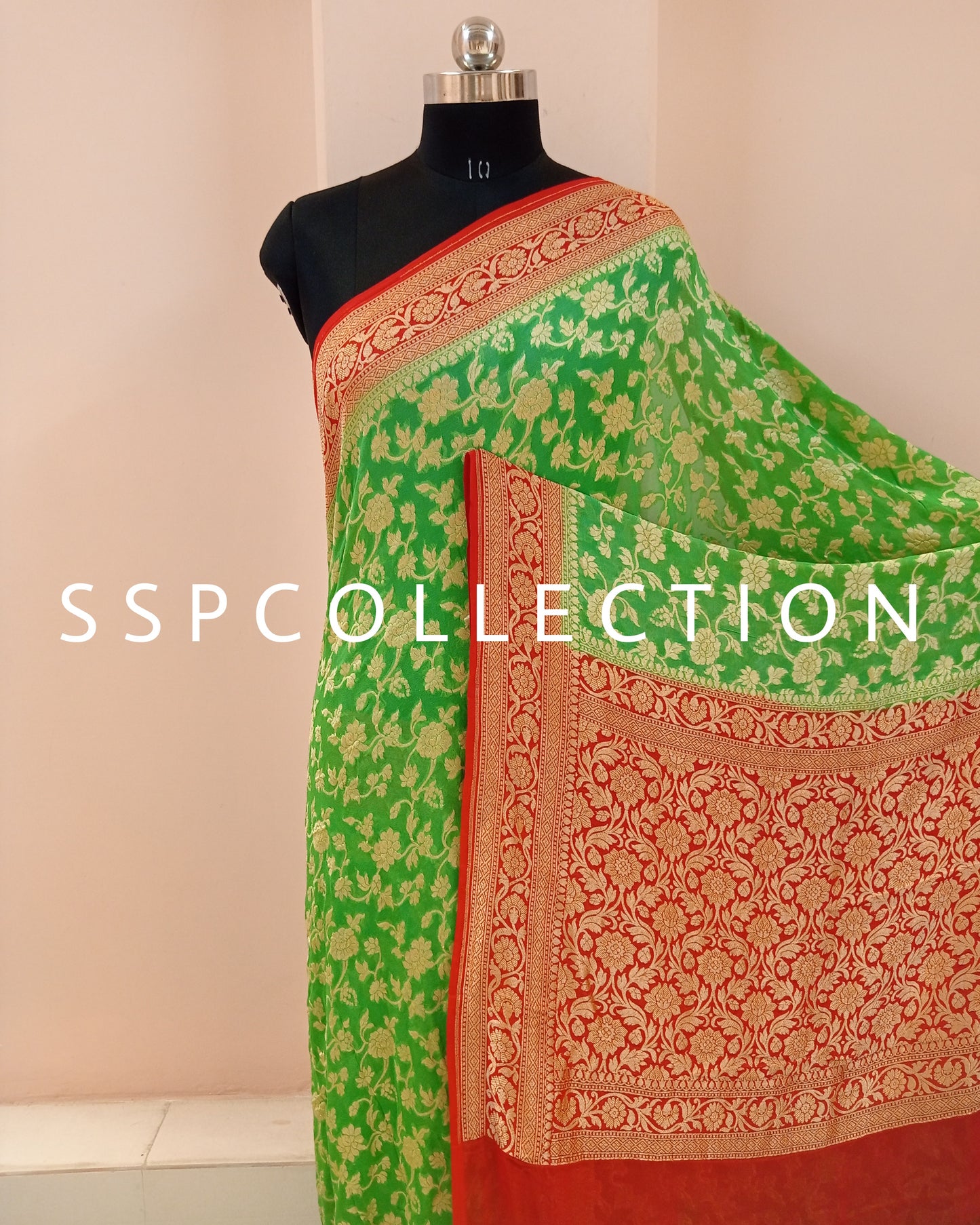 Green & Red Banarasi Pure Georgette Saree