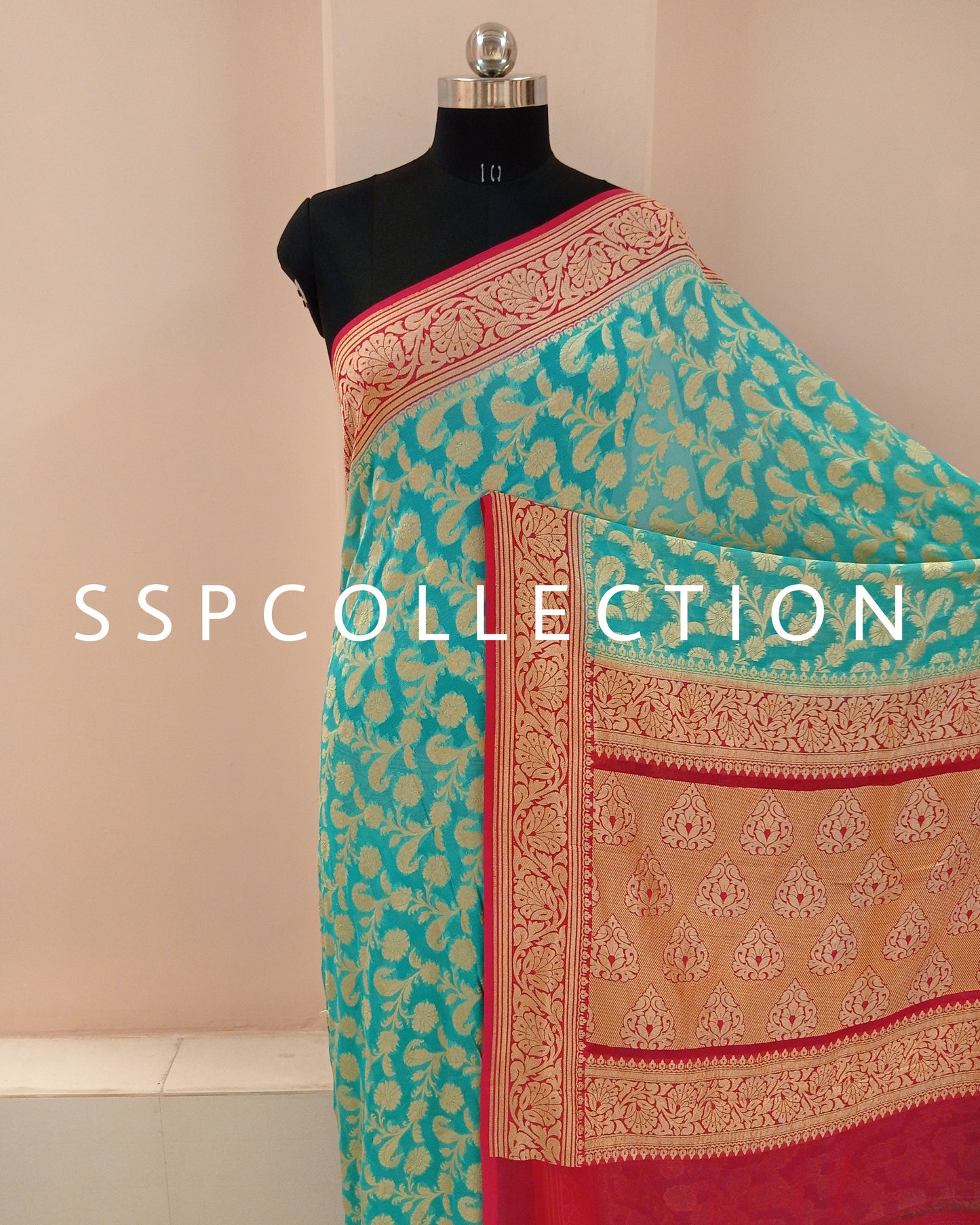 Sky-Blue & Red Banarasi Pure Georgette Saree