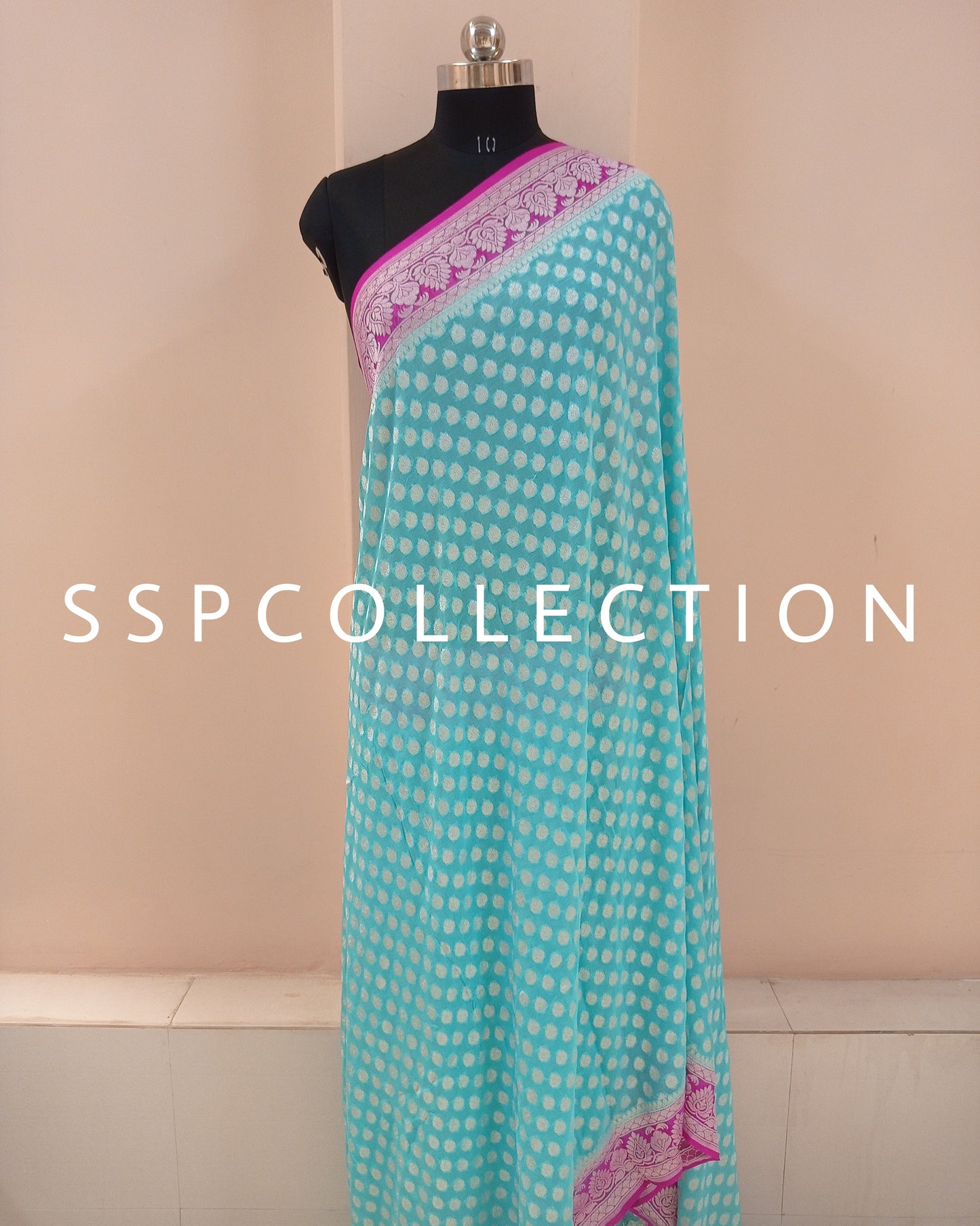 Sky-Blue & Pink Banarasi Pure Georgette Saree