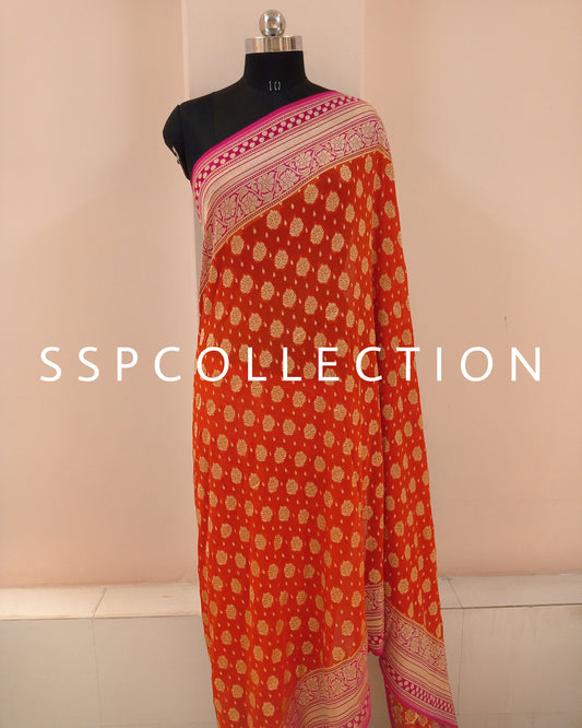 Orange & Pink Banarasi Pure Georgette Saree