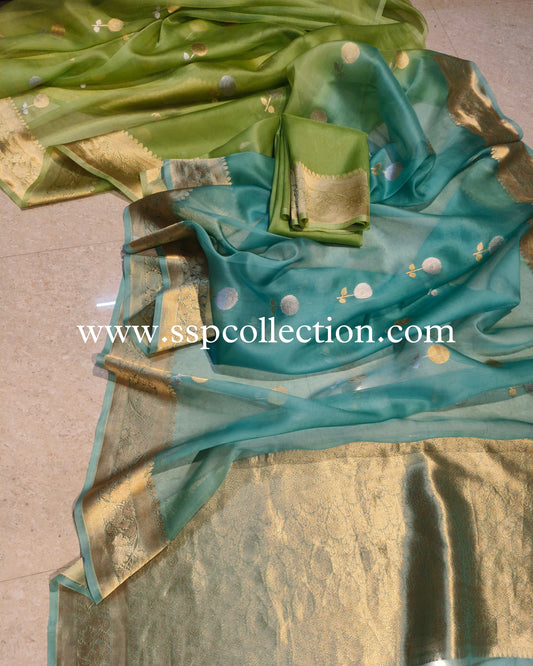 Green & Sea-Green Pure Kora Silk Banarasi Saree