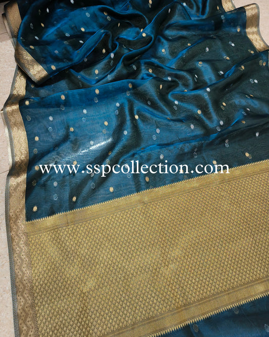 Peacock-Blue Pure Tissue Silk Banarasi Saree