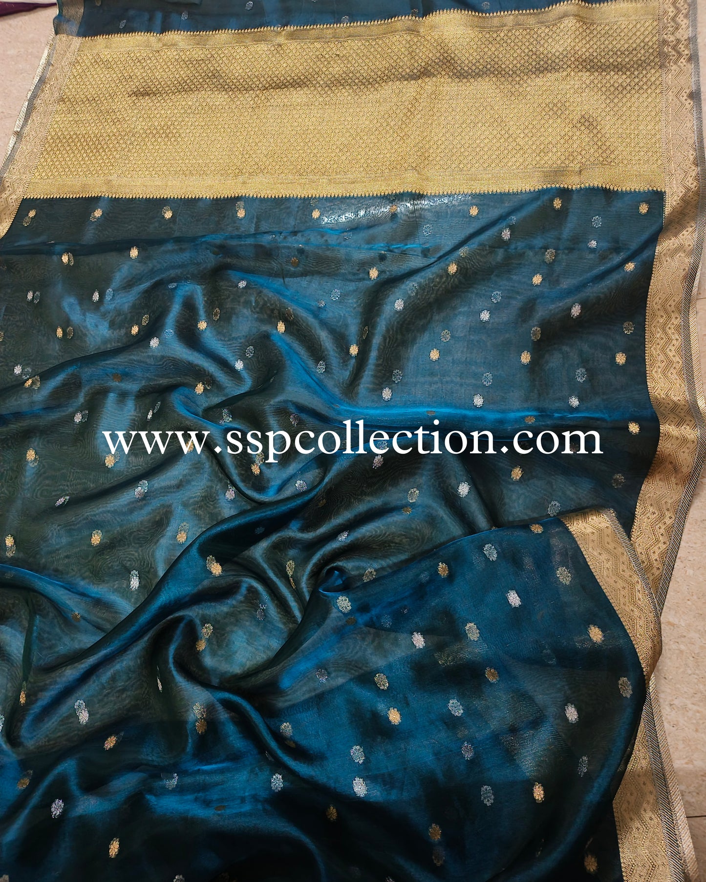 Peacock-Blue Pure Tissue Silk Banarasi Saree