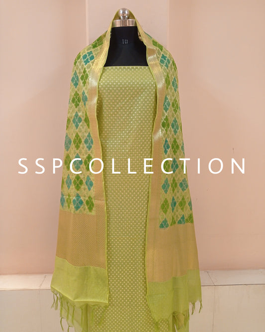 Light Green Banarasi Premium Cotton Brush-Paint Suit