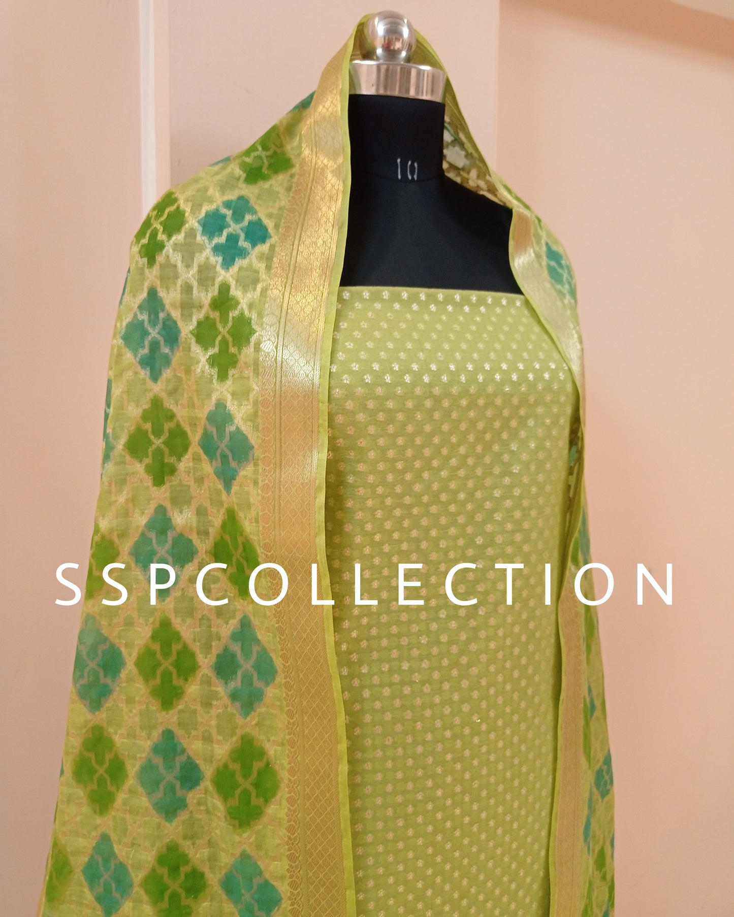 Light Green Banarasi Premium Cotton Brush-Paint Suit