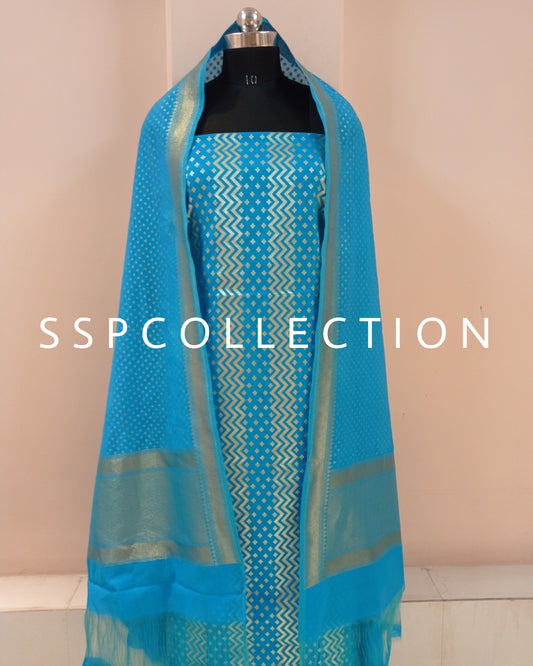 Sky-Blue Banarasi Premium Cotton Suit