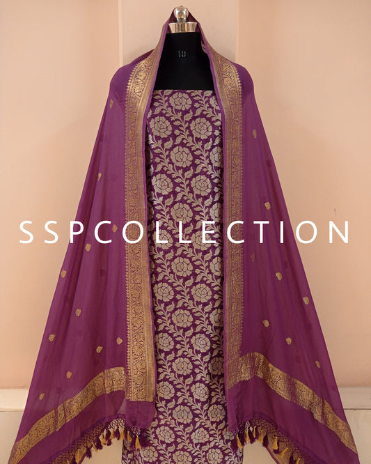 Purple Banarasi Pure Cotton Silk Kurta With Pure Chiffon Dupatta