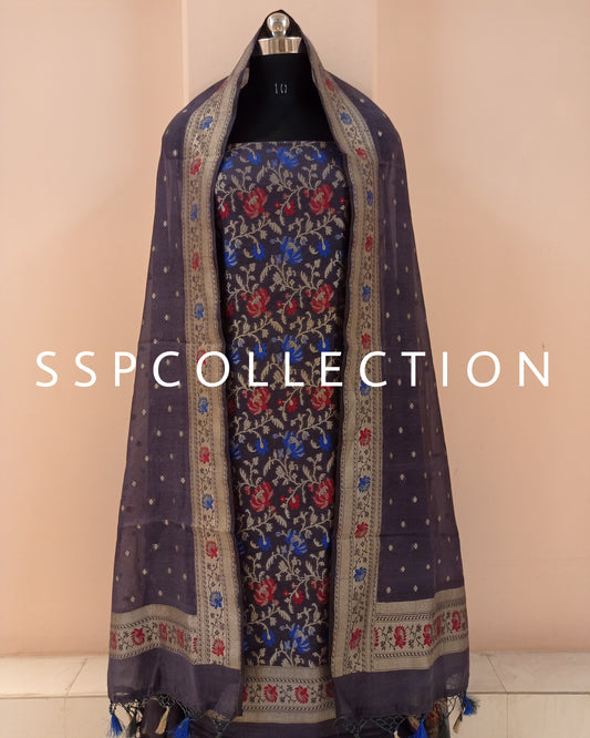 Space-Blue Banarasi Premiuim Cotton Jamdani Pattern Suit