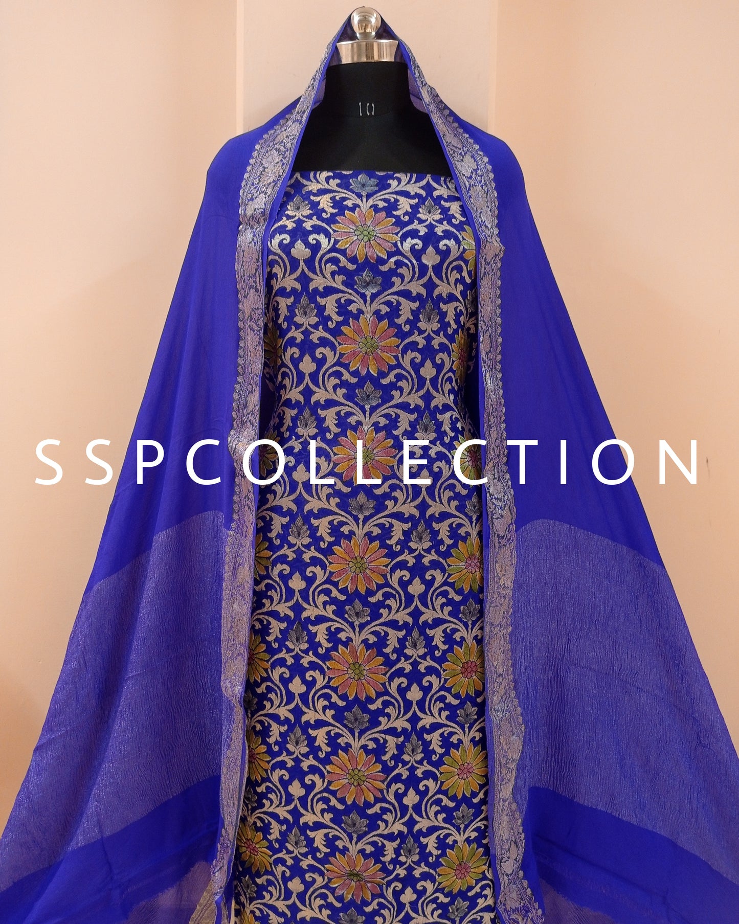 Royal-Blue Banarasi Pure Georgette Brush-Paint Suit