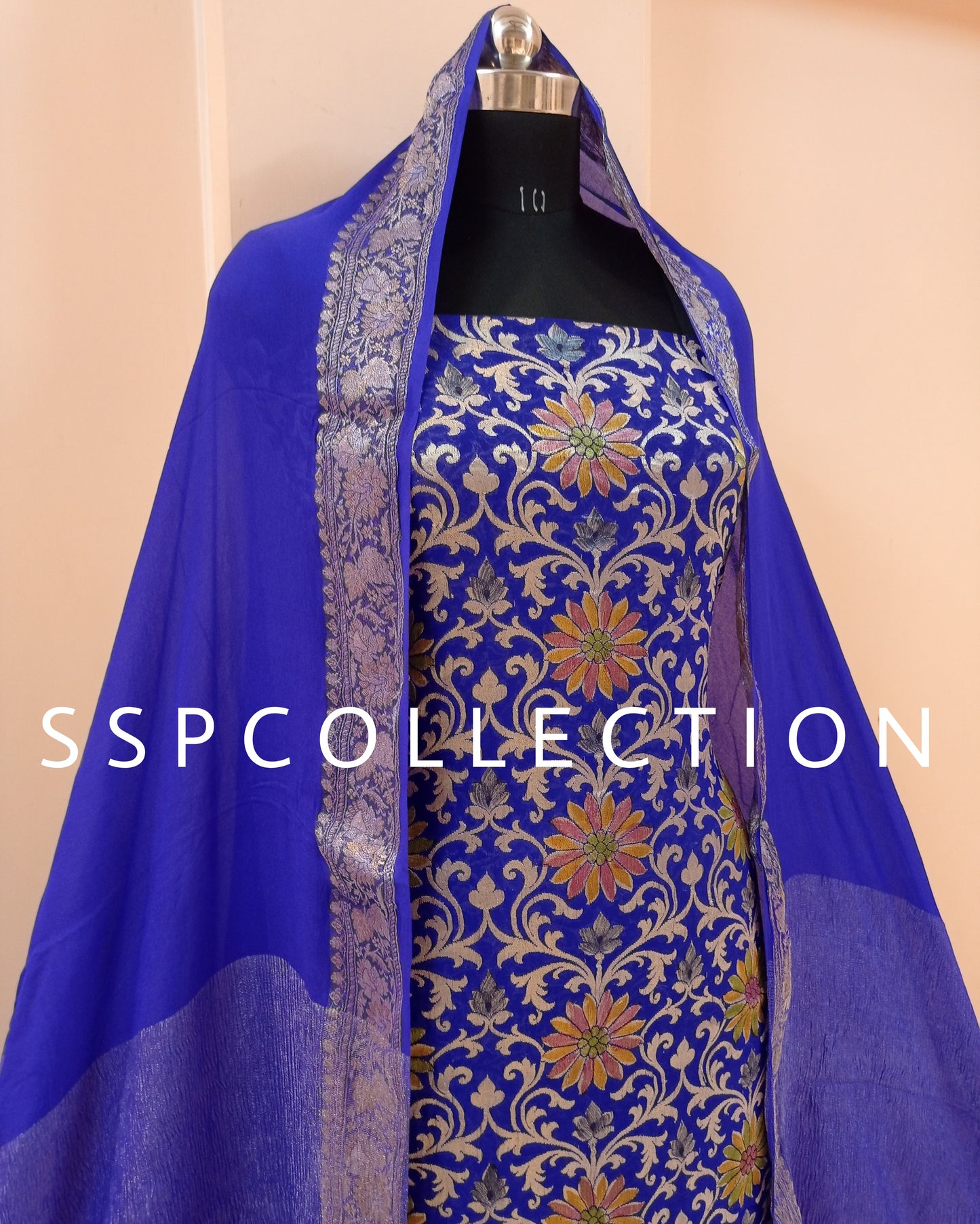 Royal-Blue Banarasi Pure Georgette Brush-Paint Suit