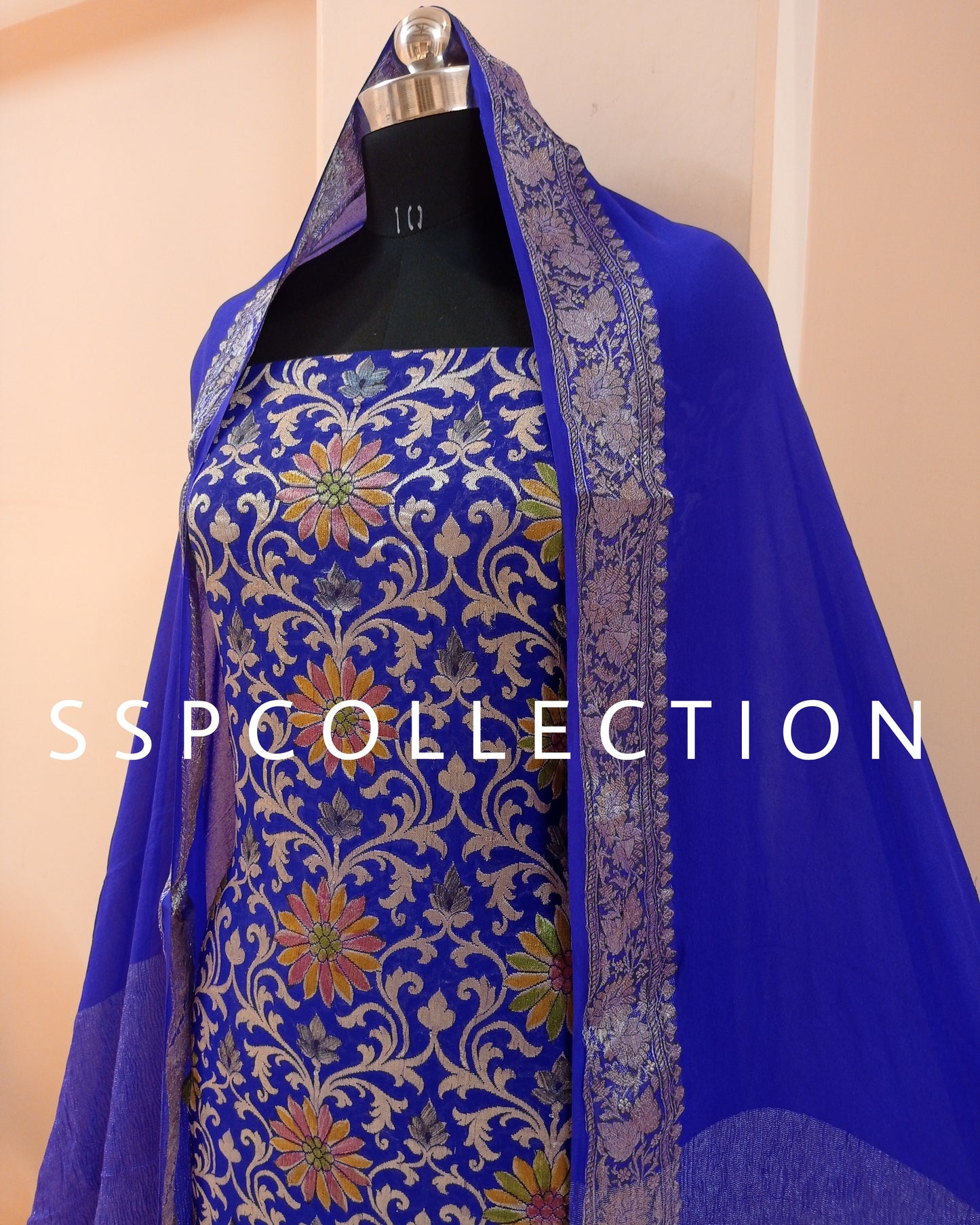 Royal-Blue Banarasi Pure Georgette Brush-Paint Suit