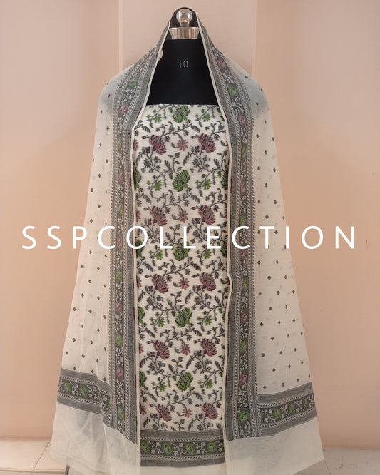 White Banarasi Premiuim Cotton Jamdani Pattern Suit