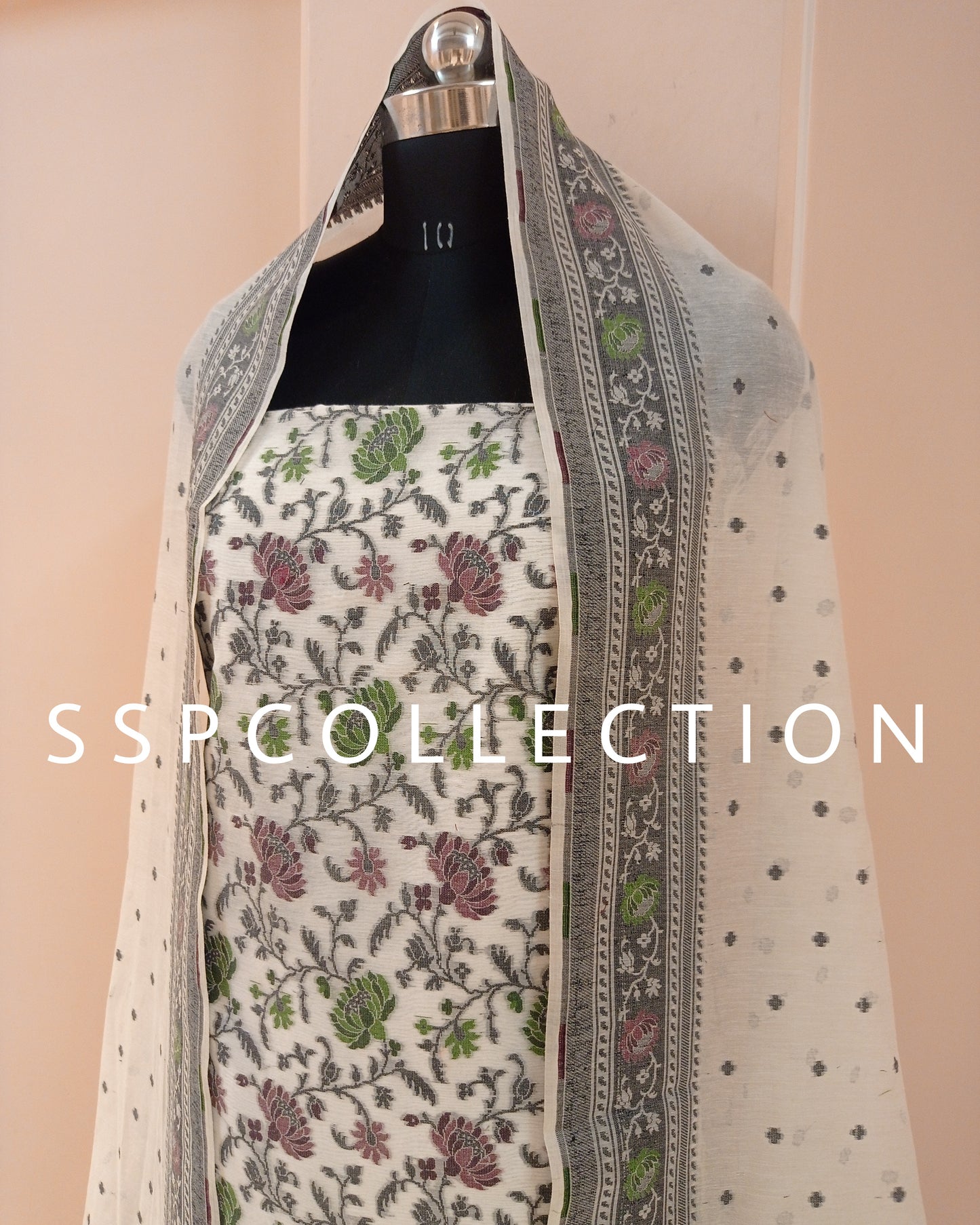 White Banarasi Premiuim Cotton Jamdani Pattern Suit