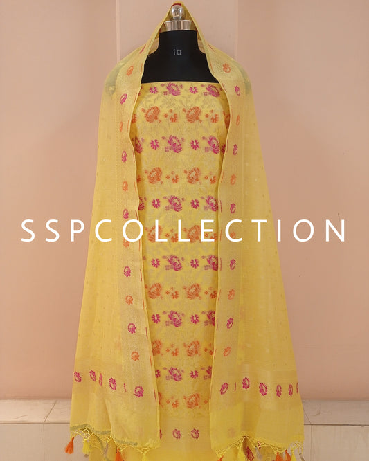 Yellow Banarasi Premiuim Cotton Jamdani Pattern Suit