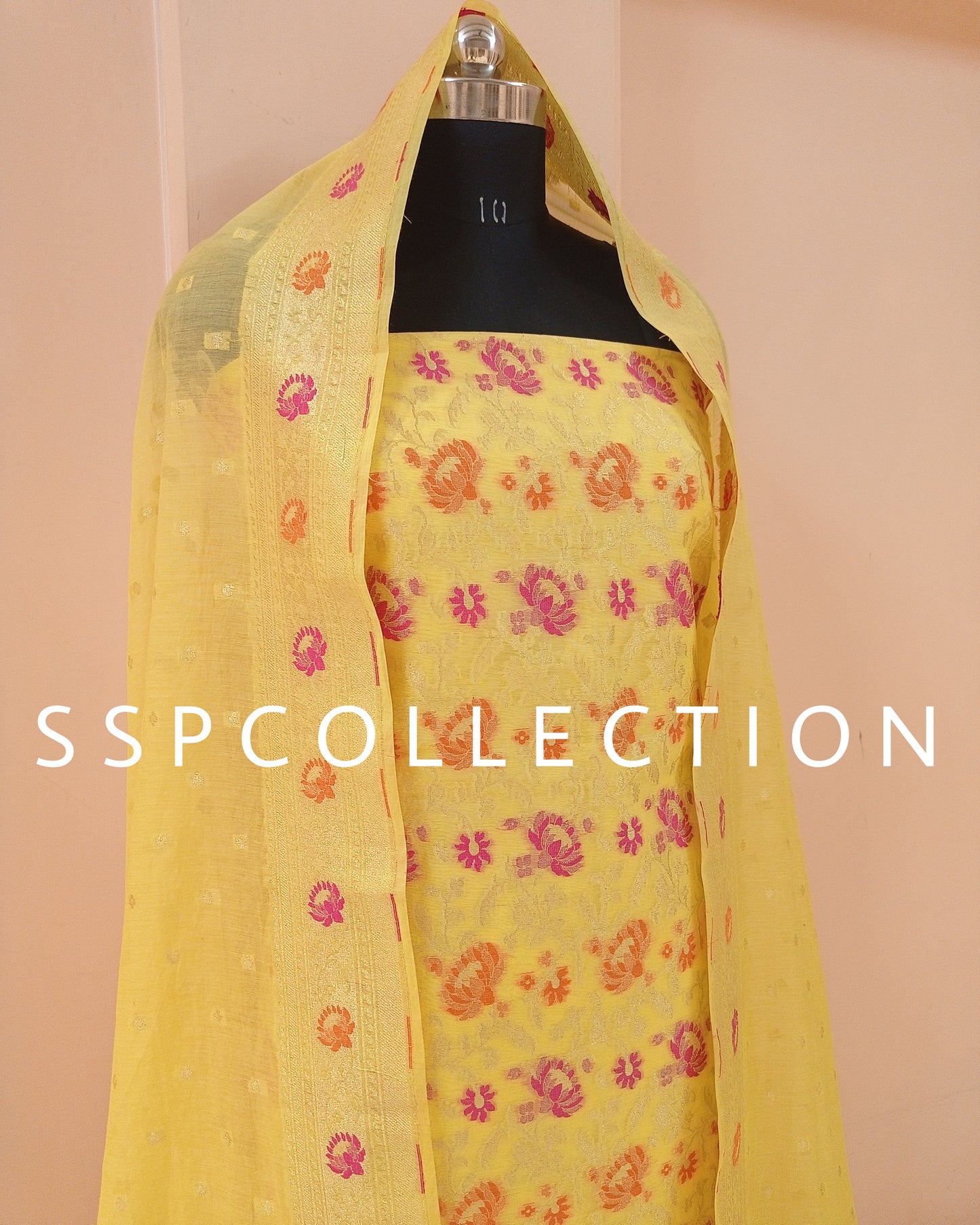 Yellow Banarasi Premiuim Cotton Jamdani Pattern Suit