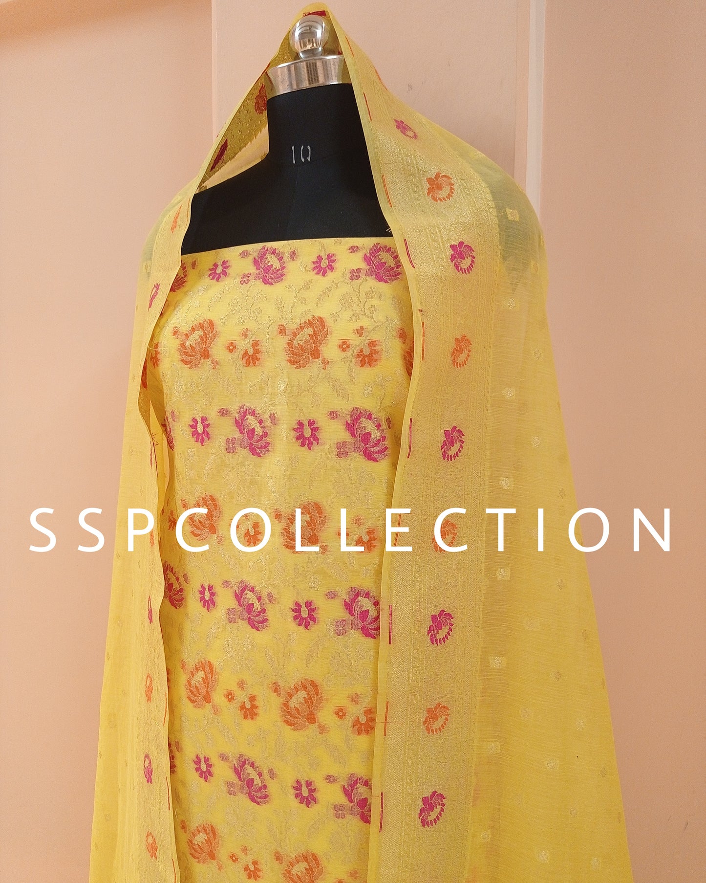 Yellow Banarasi Premiuim Cotton Jamdani Pattern Suit