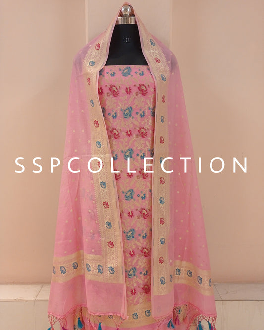 Onion-Pink Banarasi Premiuim Cotton Jamdani Pattern Suit