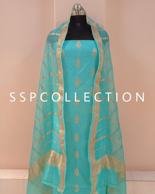 Sky-Blue Banarasi Premiuim Cotton Kurta With Pure Kora Silk Dupatta