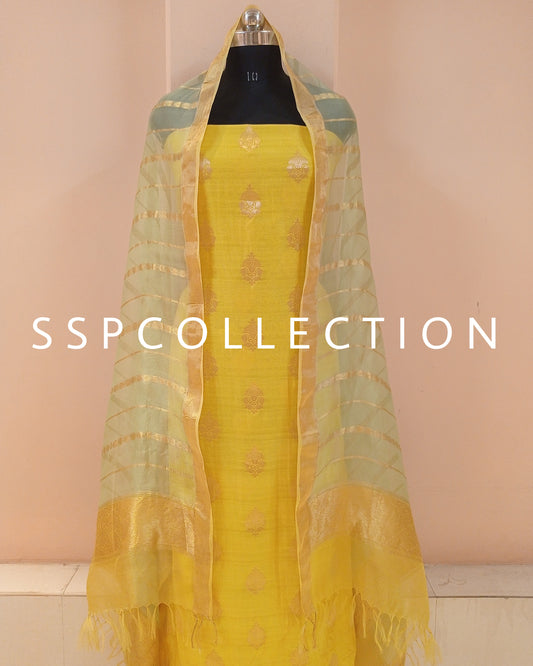 Yellow Banarasi Premiuim Cotton Kurta With Pure Kora Silk Dupatta