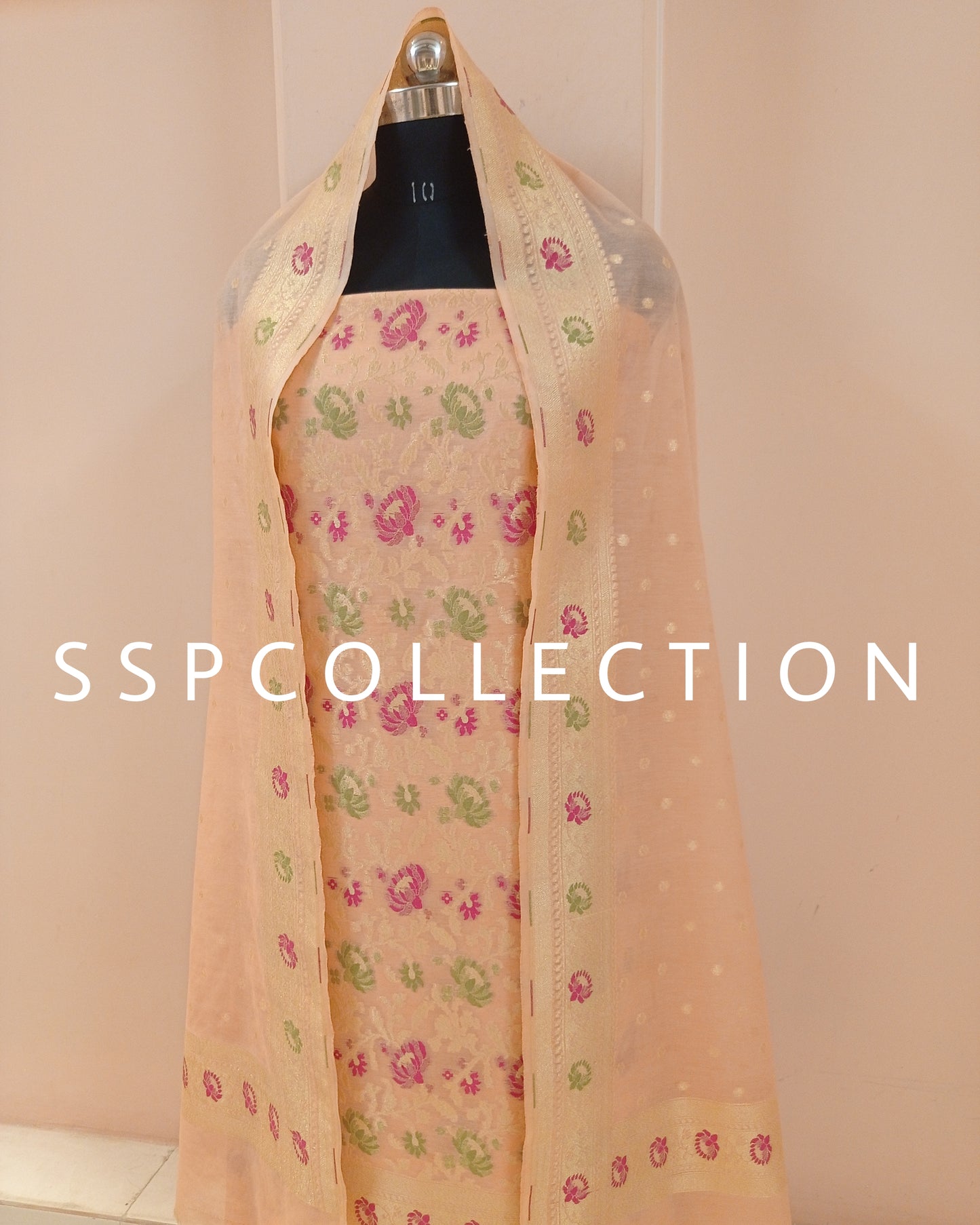 Peach Banarasi Premiuim Cotton Jamdani Pattern Suit