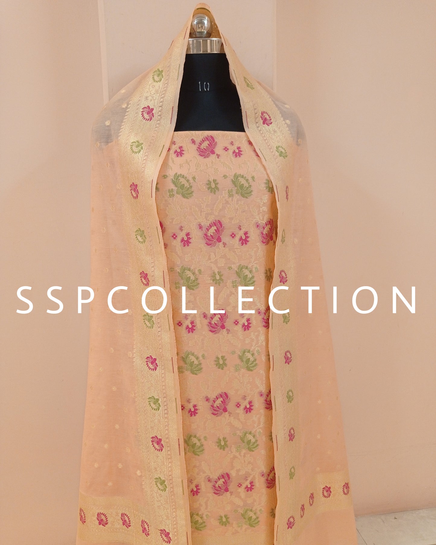 Peach Banarasi Premiuim Cotton Jamdani Pattern Suit