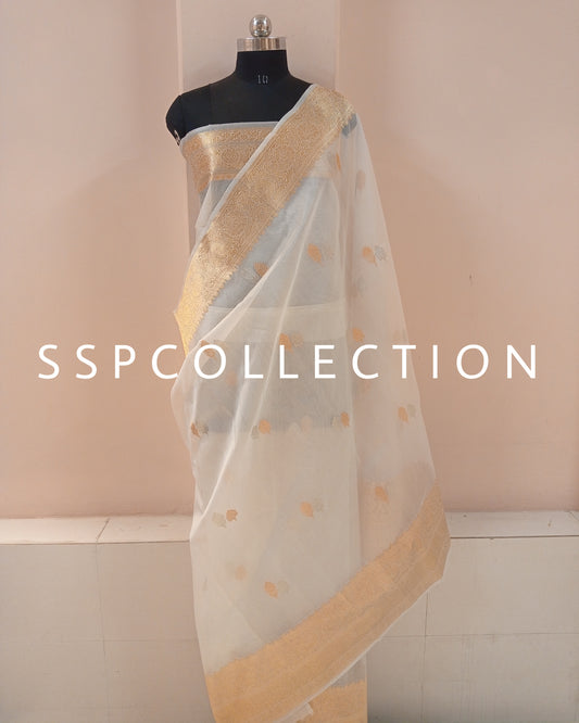 White Banarasi Handloom Pure Kora Silk Saree