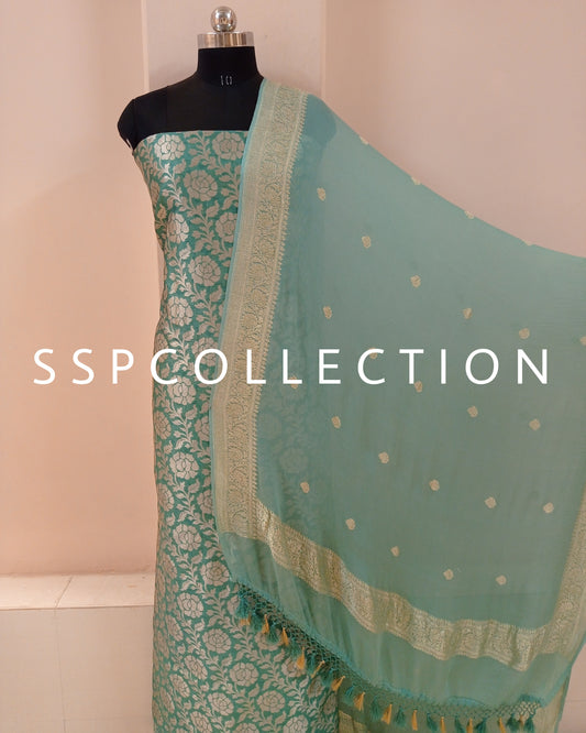 Light Green Banarasi Pure Cotton Silk Kurta With Pure Chiffon Dupatta