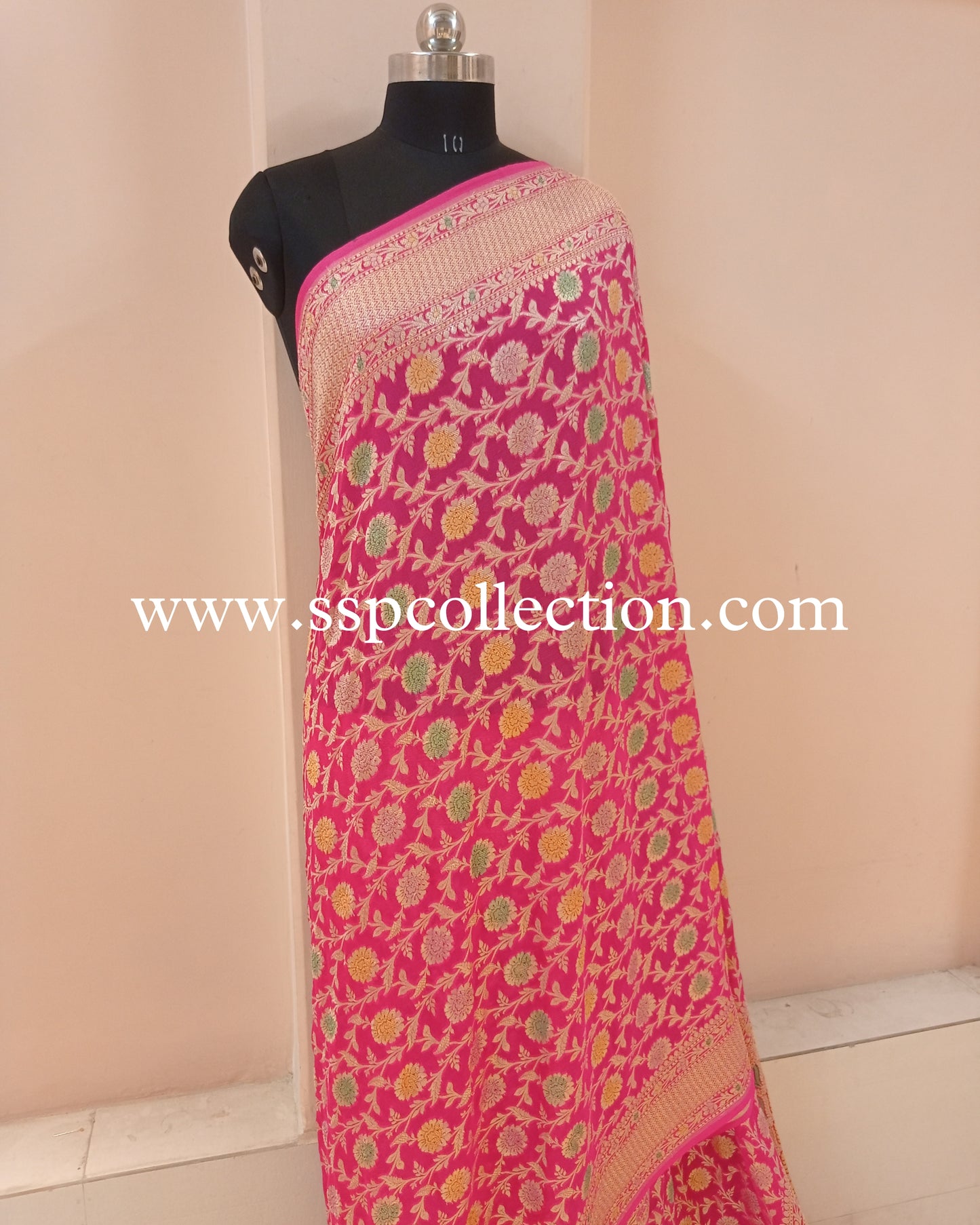 Pink Banarasi Pure Georgette Brush-Paint Saree