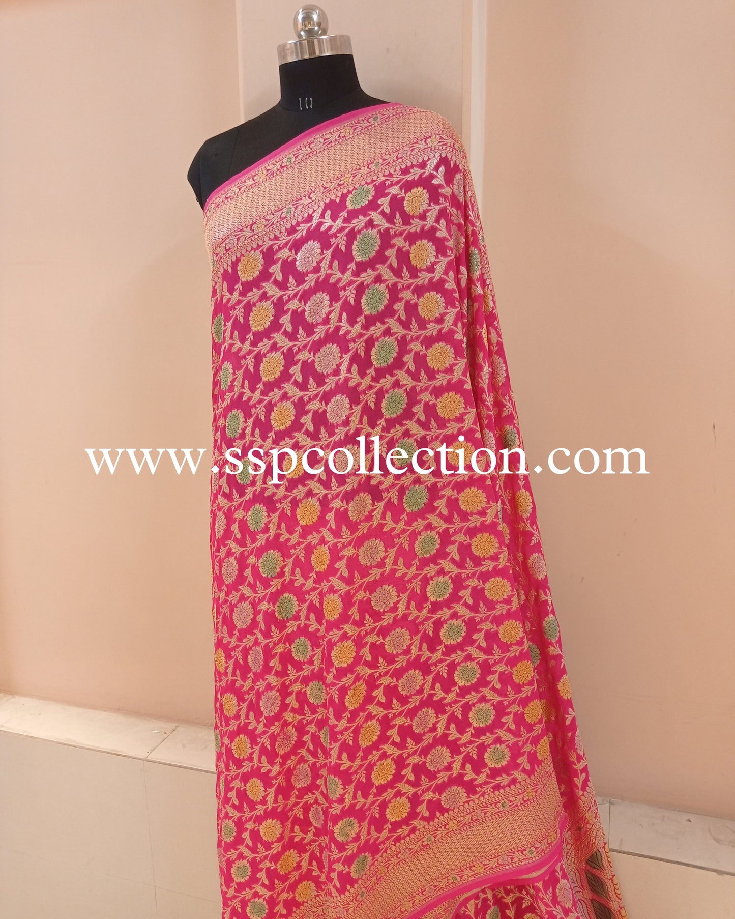 Pink Banarasi Pure Georgette Brush-Paint Saree