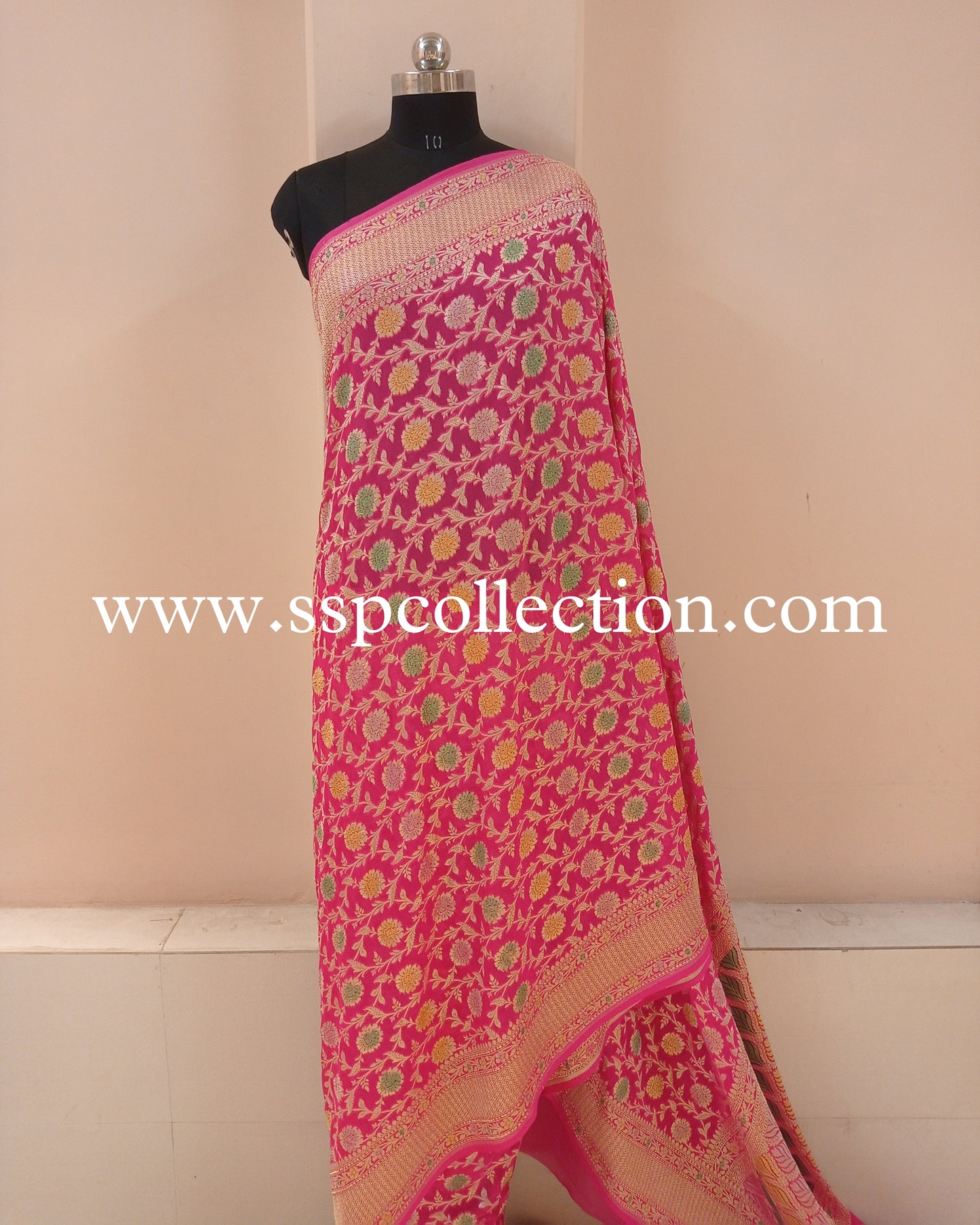 Pink Banarasi Pure Georgette Brush-Paint Saree