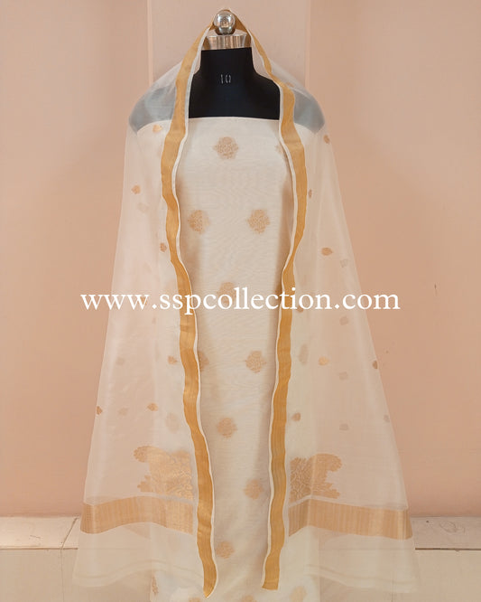 White Banarasi Pure Cotton Silk Kurta With Pure Kora Silk Dupatta