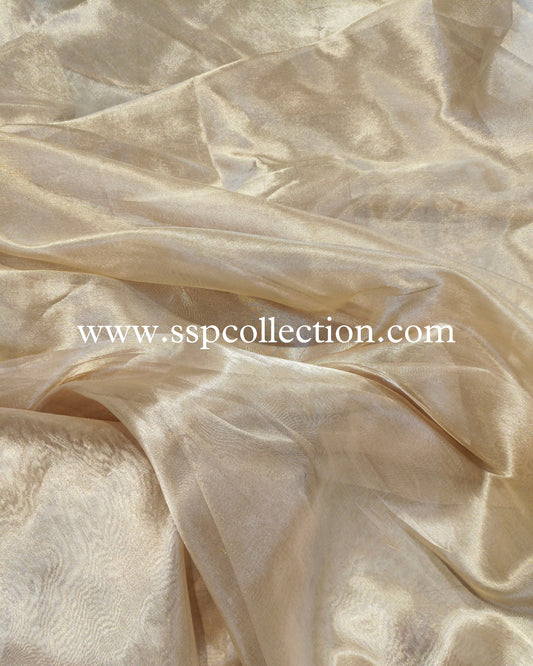 Gold Banarasi Pure Kora Tissue Silk Plain Fabric