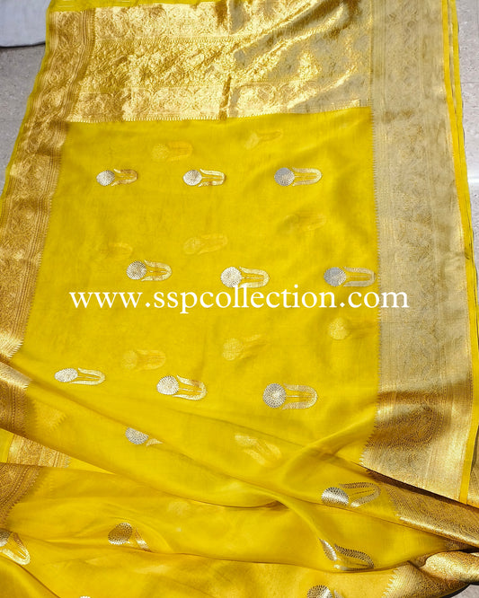 Yellow Banarasi Handloom Pure Kora Silk Saree