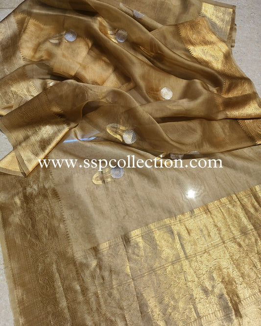 Pale-Brown Banarasi Handloom Pure Kora Silk Saree