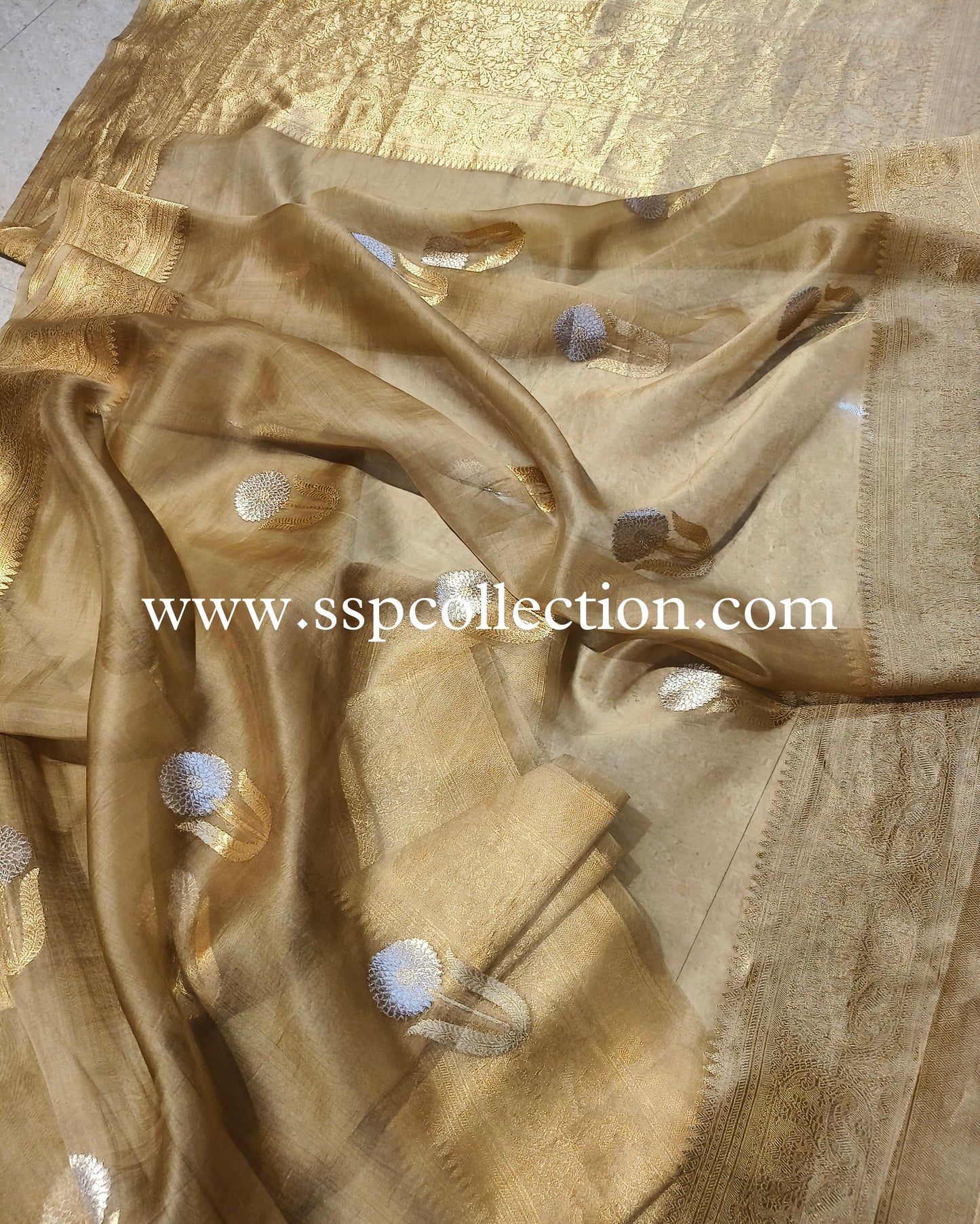 Pale-Brown Banarasi Handloom Pure Kora Silk Saree