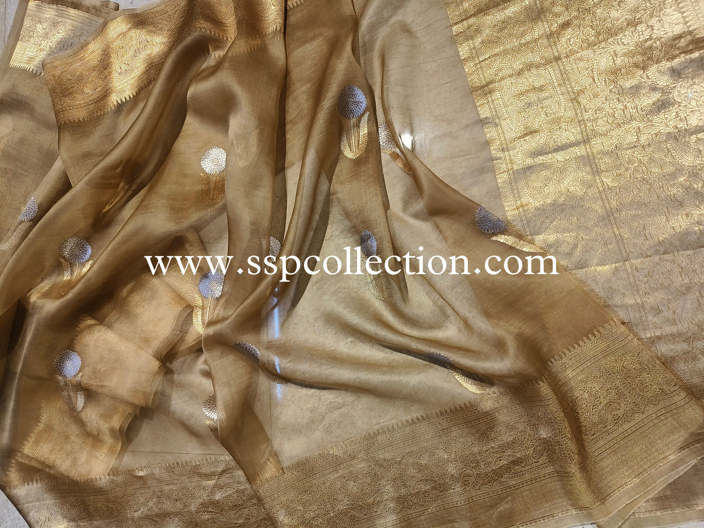 Pale-Brown Banarasi Handloom Pure Kora Silk Saree