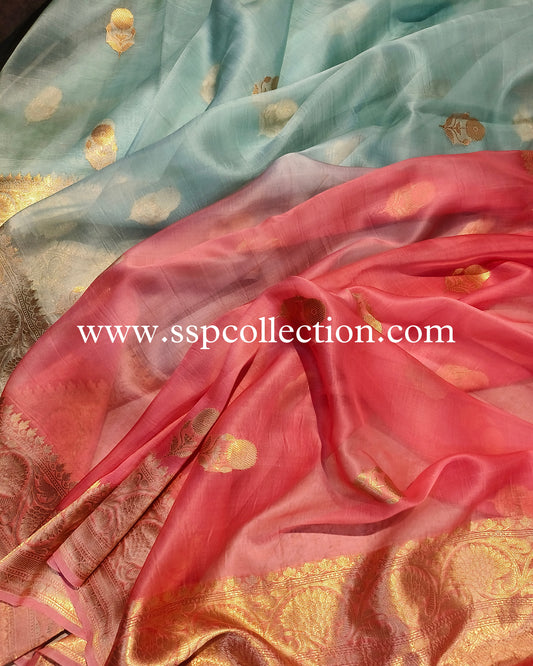 Ombre Dye Banarasi Handloom Pure Kora Silk Saree