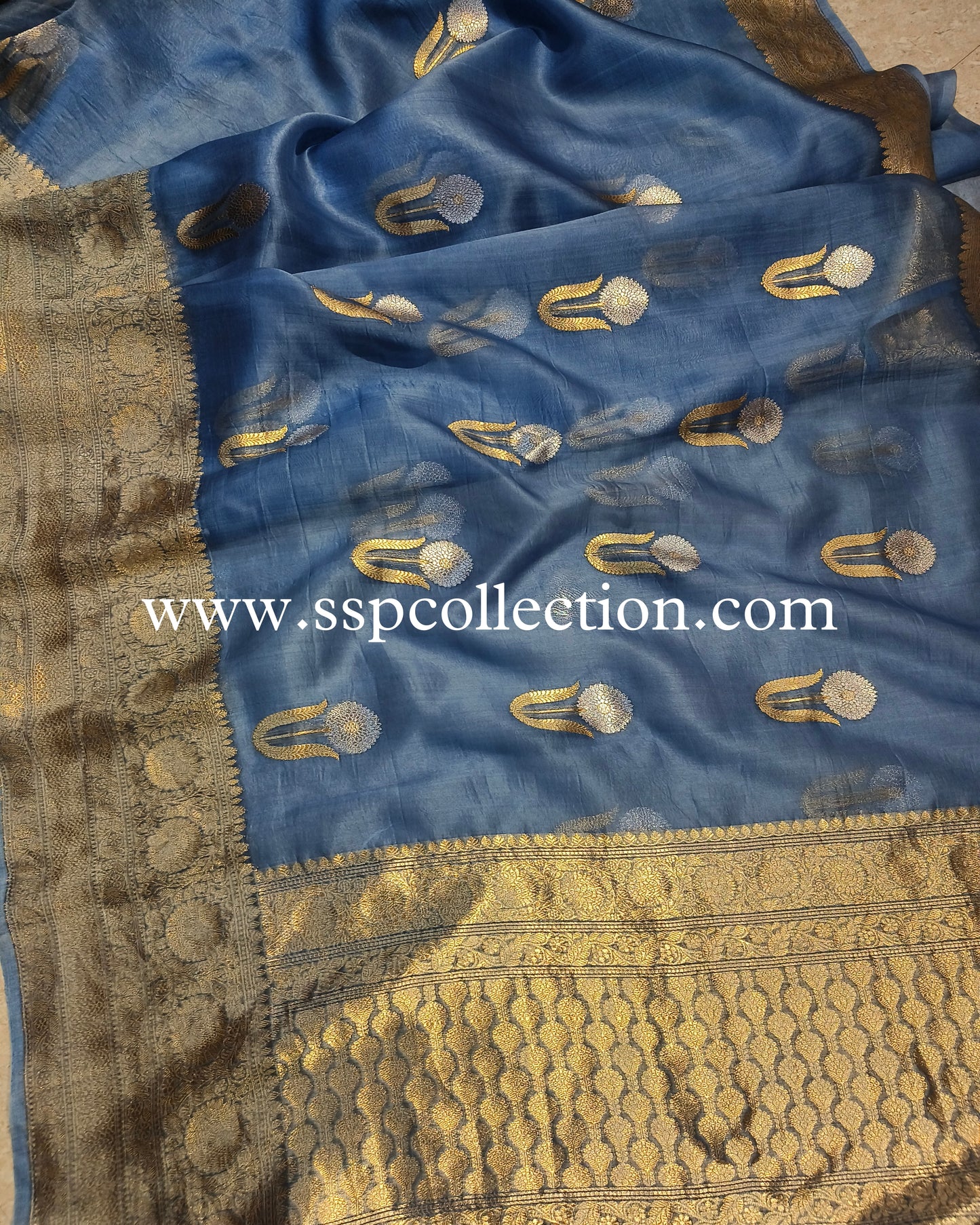 Dusky-Blue Banarasi Handloom Pure Kora Silk Saree