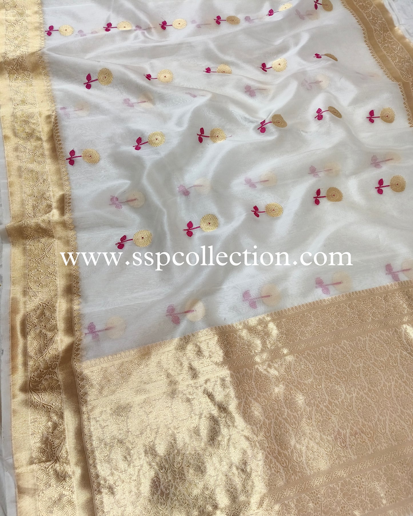 White Pure Kora Silk Banarasi Saree