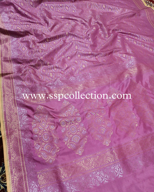 Onion-Pink Banarasi Pure Katan Silk Ektara Jamdani Saree