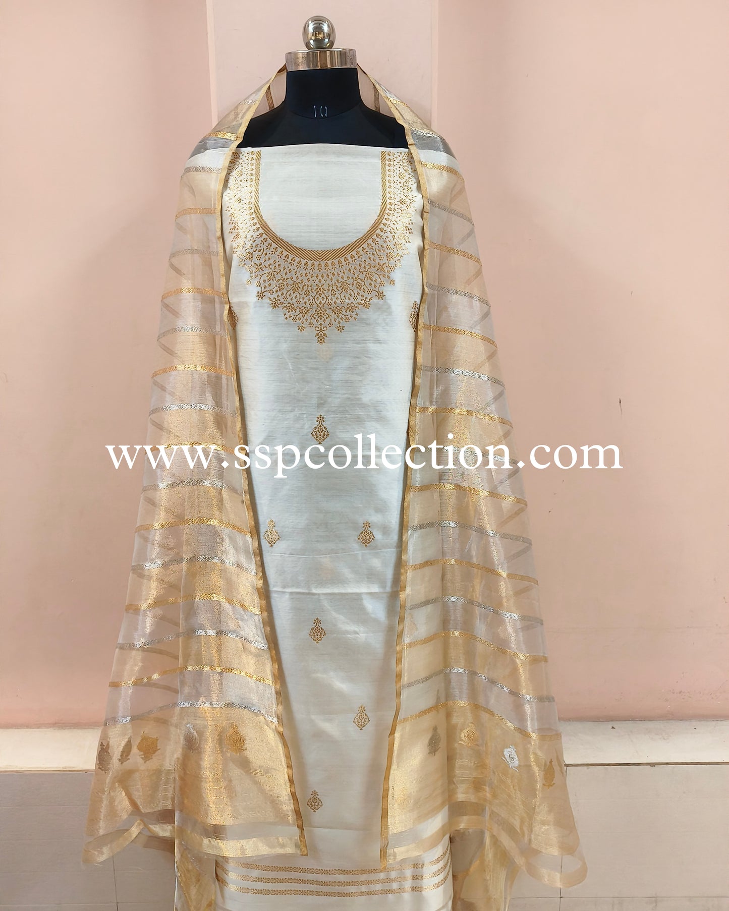 Ivory Handwoven Pure Banarasi Silk Suit