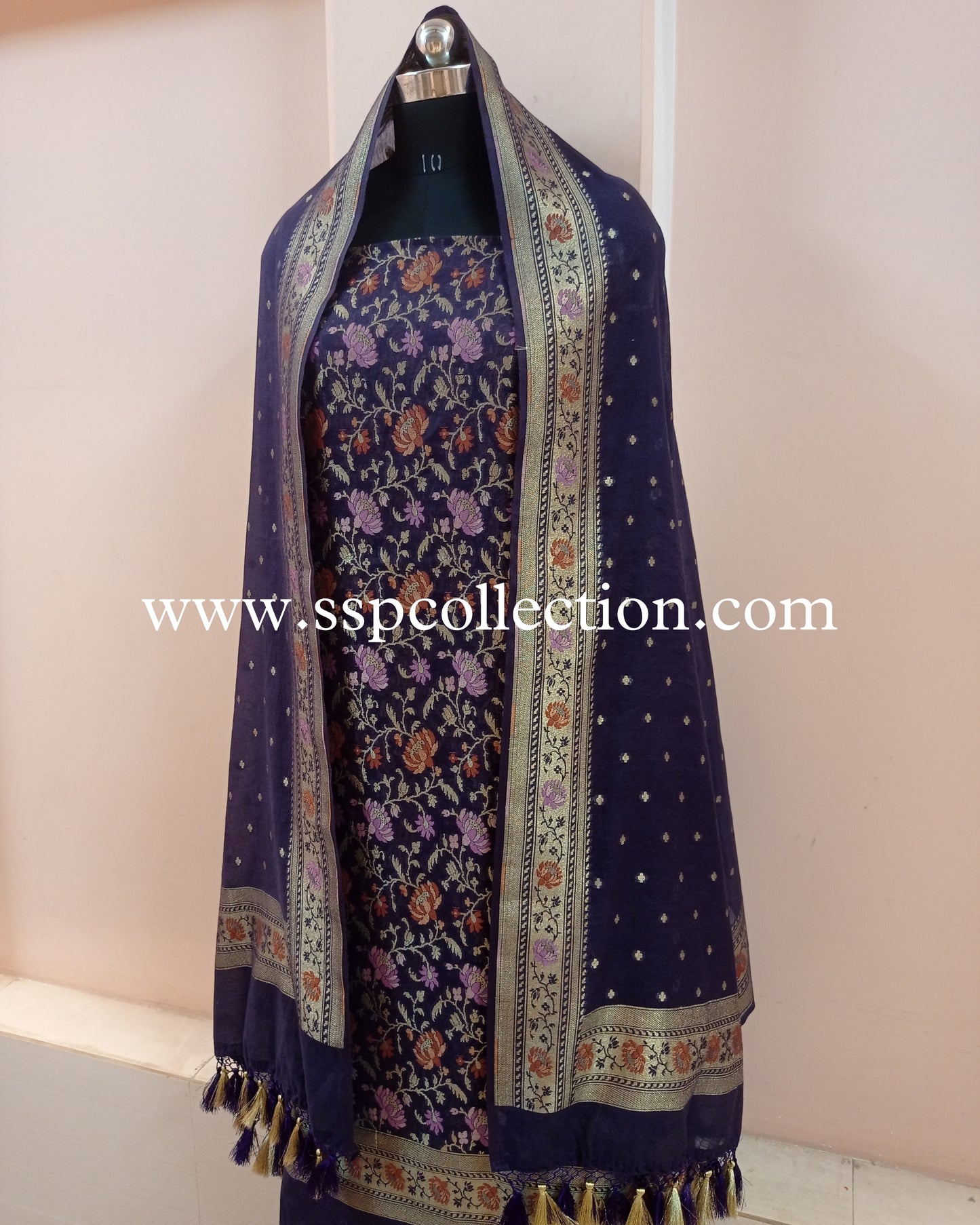 Navy-Blue Banarasi Premiuim Cotton Jamdani Pattern Suit