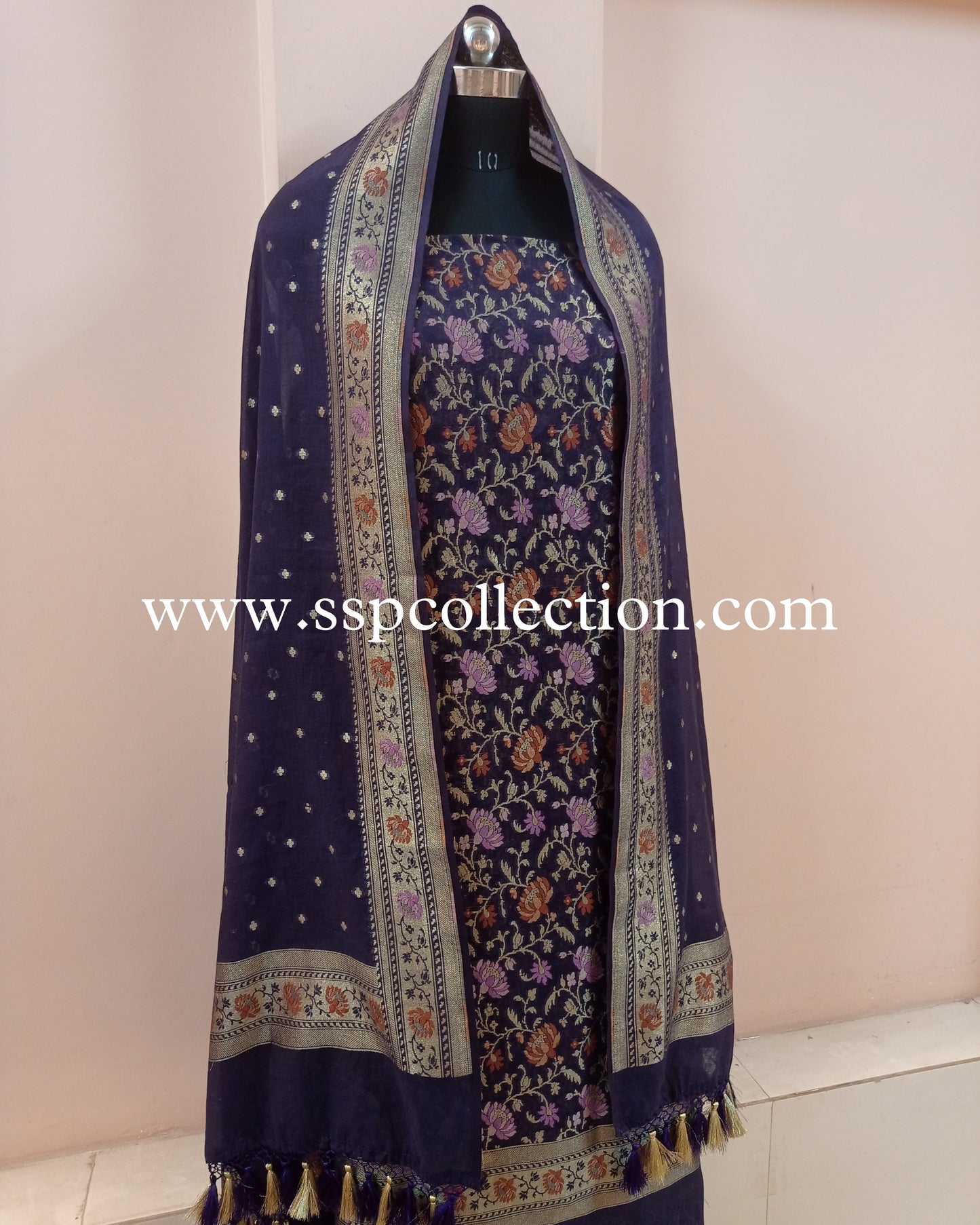 Navy-Blue Banarasi Premiuim Cotton Jamdani Pattern Suit