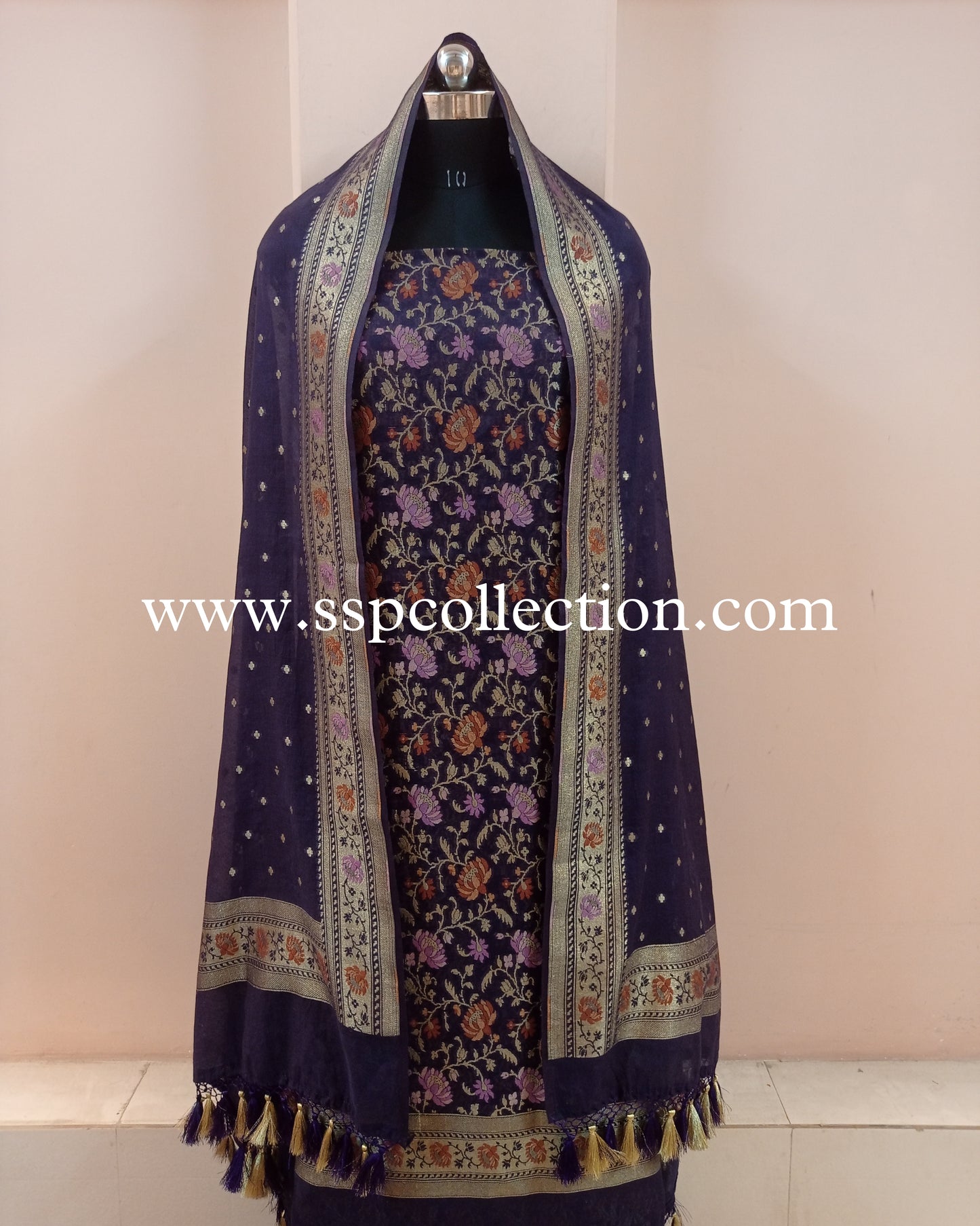 Navy-Blue Banarasi Premiuim Cotton Jamdani Pattern Suit