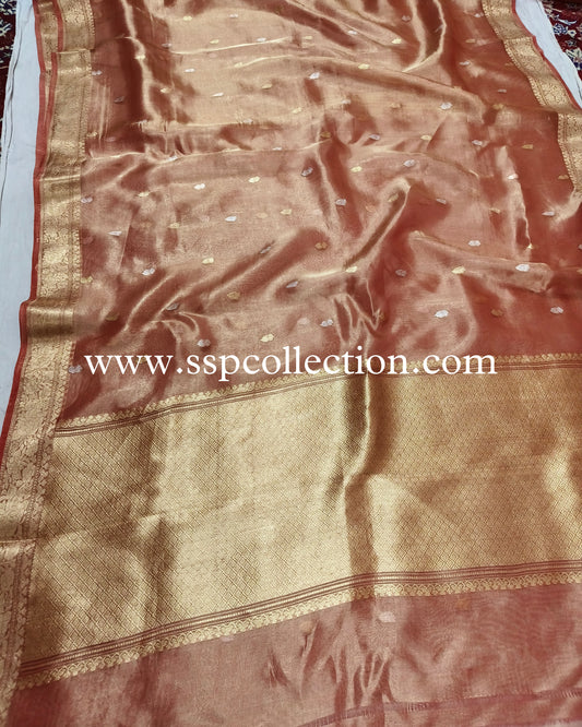 Burnt-Orange Pure Tissue Silk Banarasi Saree