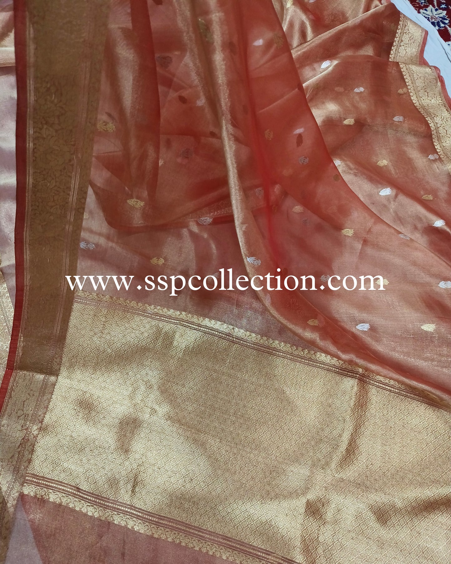 Burnt-Orange Pure Tissue Silk Banarasi Saree